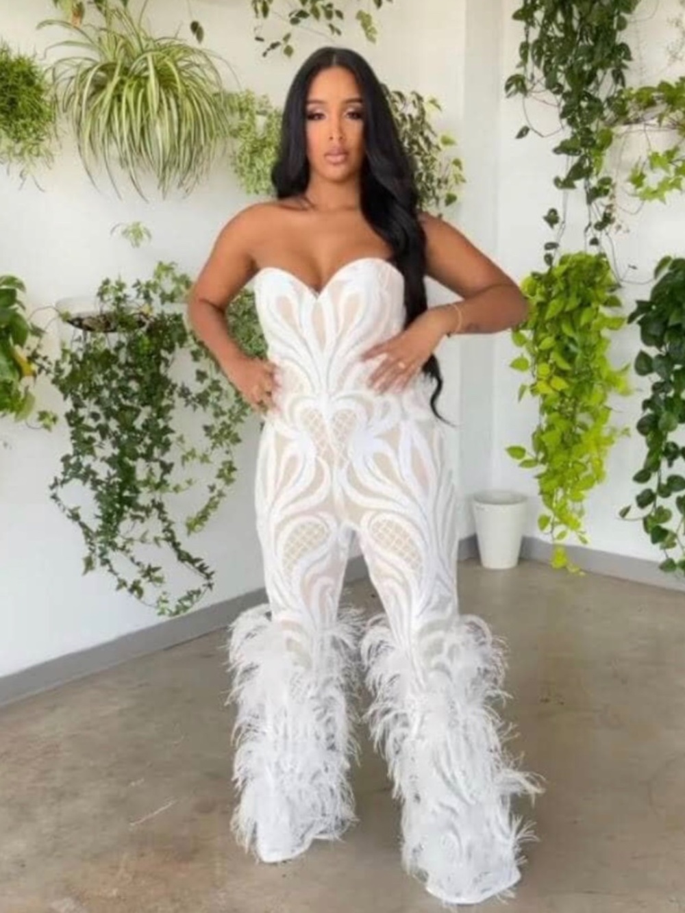 Jovani Strapless Sweetheart Feathered Jumpsuit